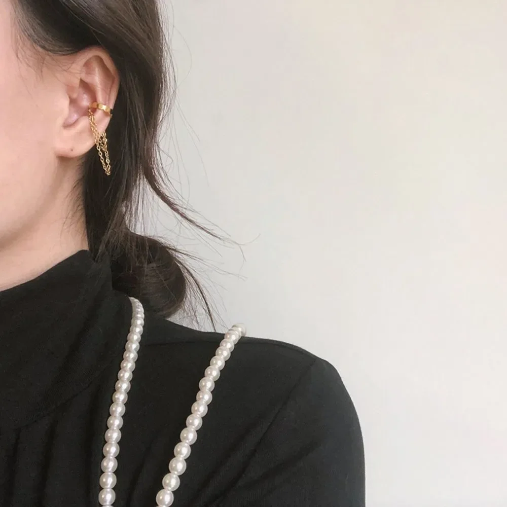 One Gold Plated Double Tassel Chain Circle Disk Ear Cuff